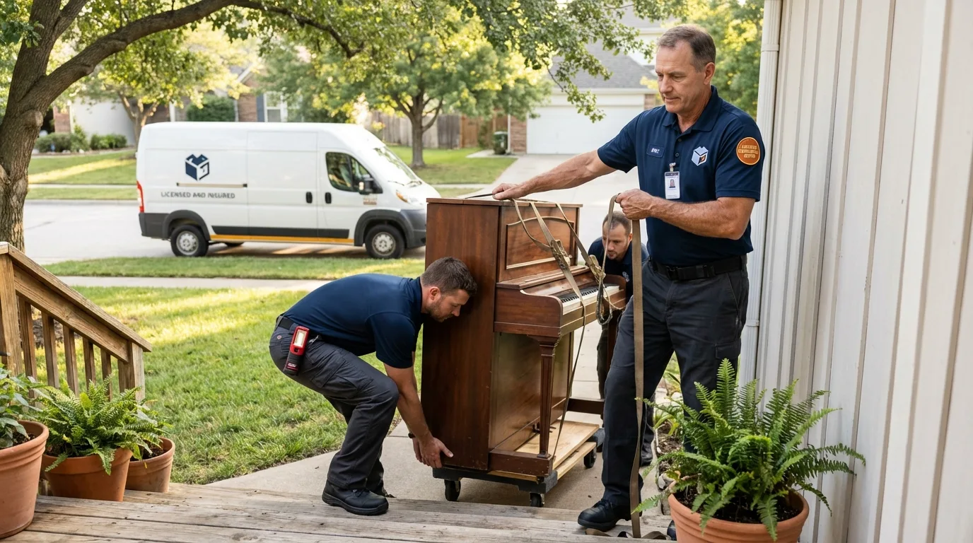 Licensed piano movers securing grand piano in Natchez, MS